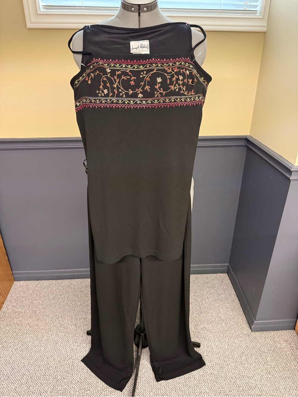 Joseph Ribkoff Black Jumpsuit with Pink & Gold Floral Embroidery